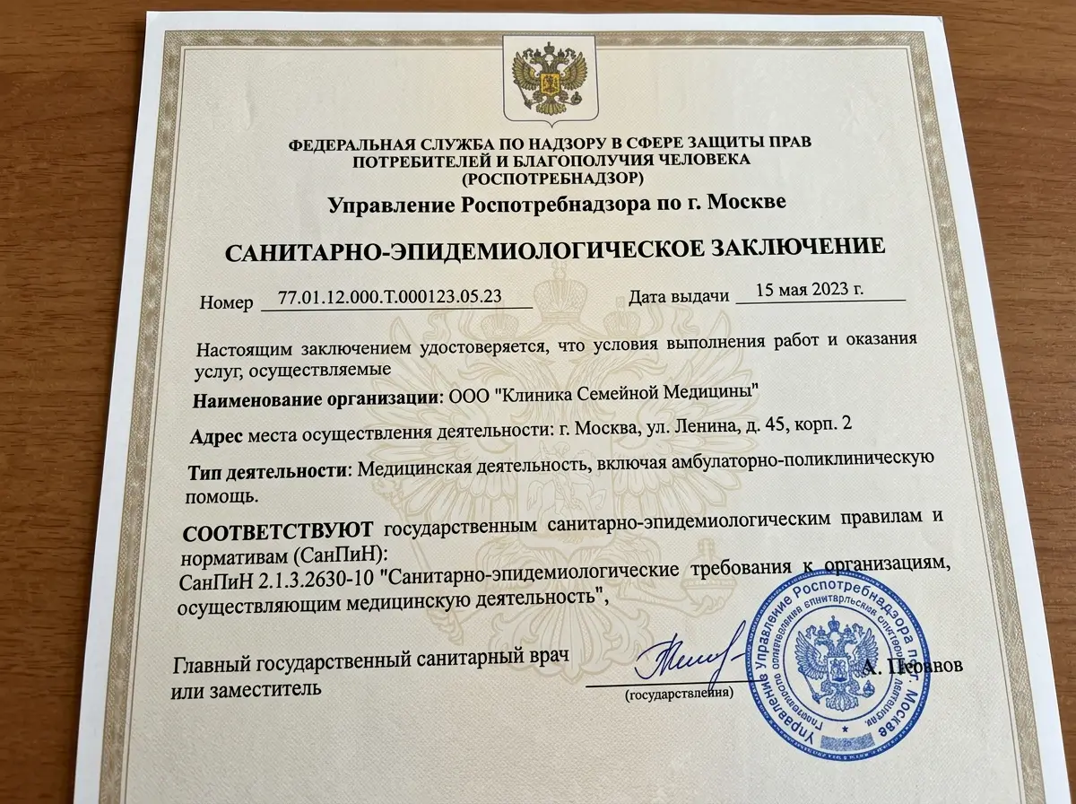 Сертификат соответствия санитарным нормам СанПиН, документ Роспотребнадзора для медицинской клиники